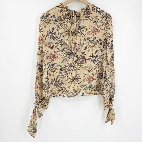 WAYF Porcelain Doll Blouse XS Tan Floral Tie Back Sheer Revolve Top - Picture 5 of 9